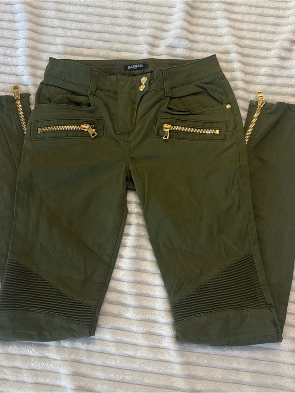 Balmain Olive Green Pants with Signature Gold Buttons